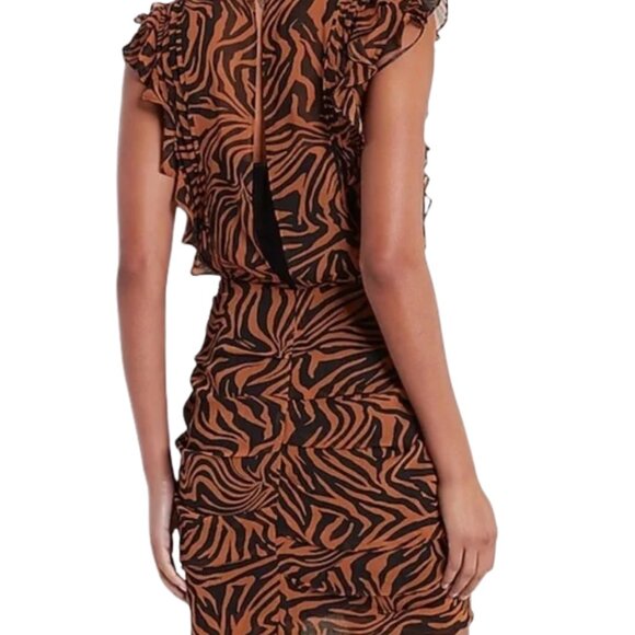 Express Tiger Zebra Animal Print Chiffon Ruffle Cut Out Back Mini Dress Sz M - Picture 5 of 15
